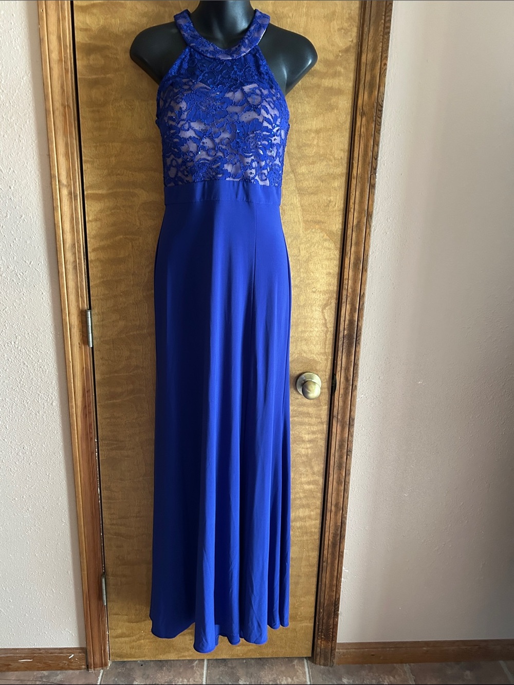 Morgan & Co. Royal Blue Lace Halter Prom Gown